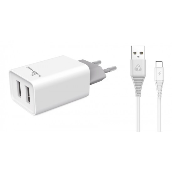 POWERTECH Φορτιστής τοίχου & καλώδιο USB Type-C PT-776, 2x USB, 2.1A