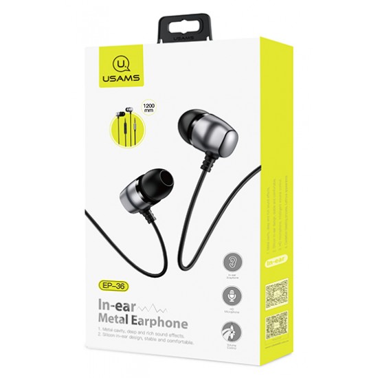 USAMS earphones με μικρόφωνο EP-36, 10mm, 3.5mm, 1.2m, γκρι