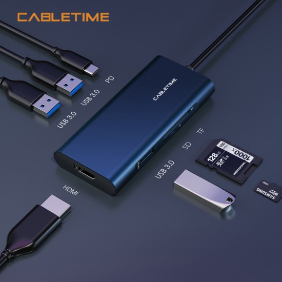 CABLETIME αντάπτορας USB-C σε HDMI+3xUSBΑ+USBC+SD+TF C160 4K 0.15m, μπλε