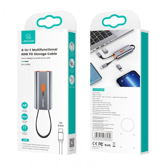 USAMS αντάπτορας USB-C σε USB-C/USB/Lightning SJ560, 60W PD, 0.3m, γκρι