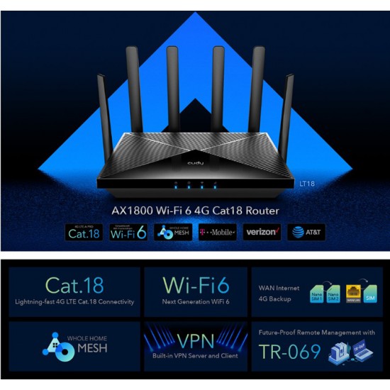 CUDY router LT18, 4G LTE Cat 18, dual band WiFi 6, 4x Ethernet ports