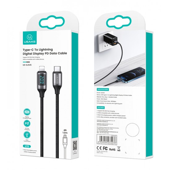 USAMS καλώδιο Lightning σε USB-C US-SJ545, 20W PD, 1.2m, ασημί