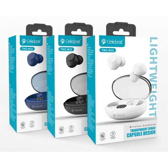CELEBRAT earphones με θήκη φόρτισης TWS-W32, True Wireless, μπλε