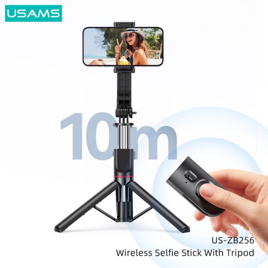 USAMS selfie stick US-ZB256 με τρίποδο, έως 113cm, Bluetooth, μαύρο